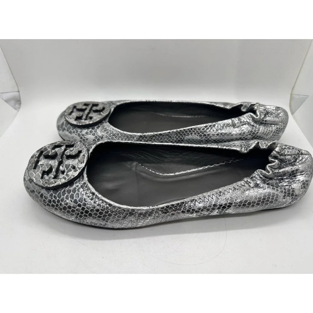 Tory Burch Reva Ballet Flats Silver Metallic Snake Embossed Leather Size 10M